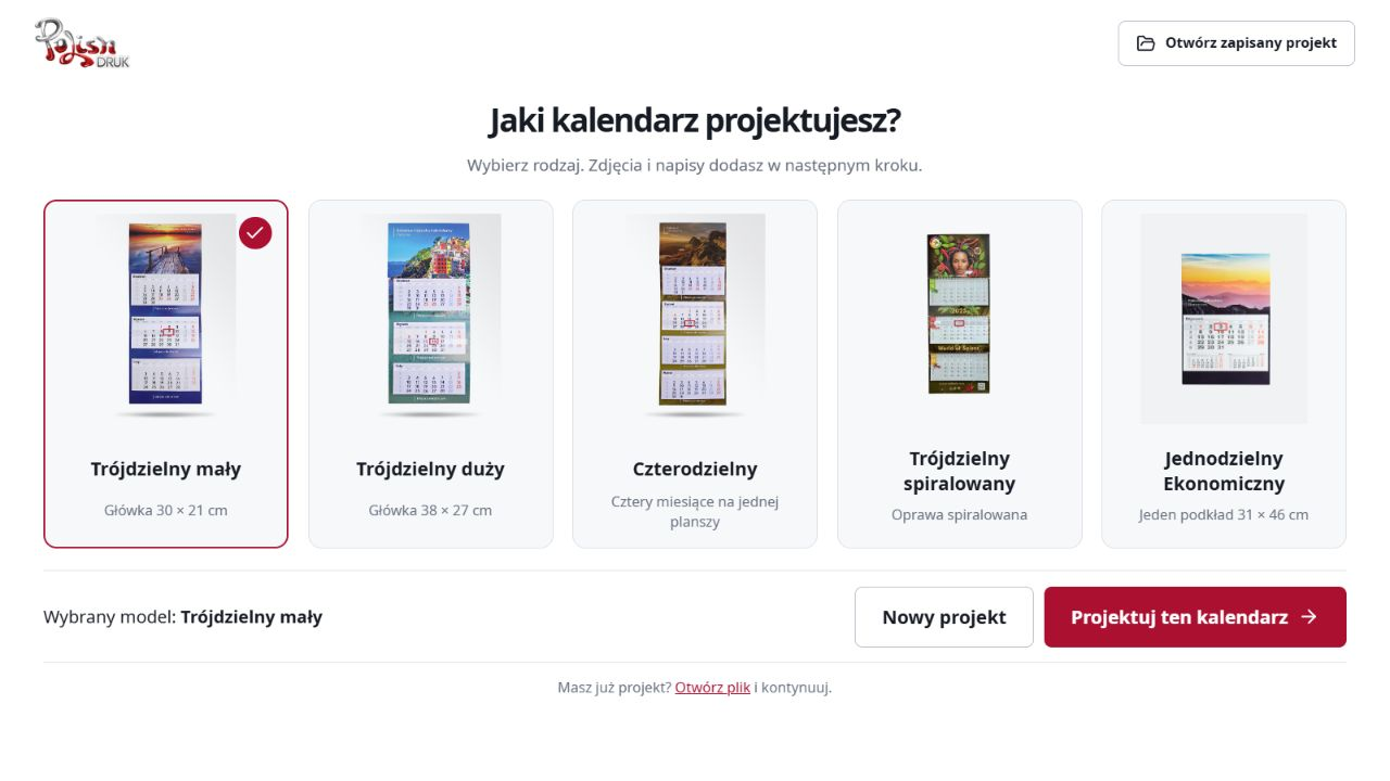 Wybór pięciu modeli w kreatorze kalendarzy PolishDRUK