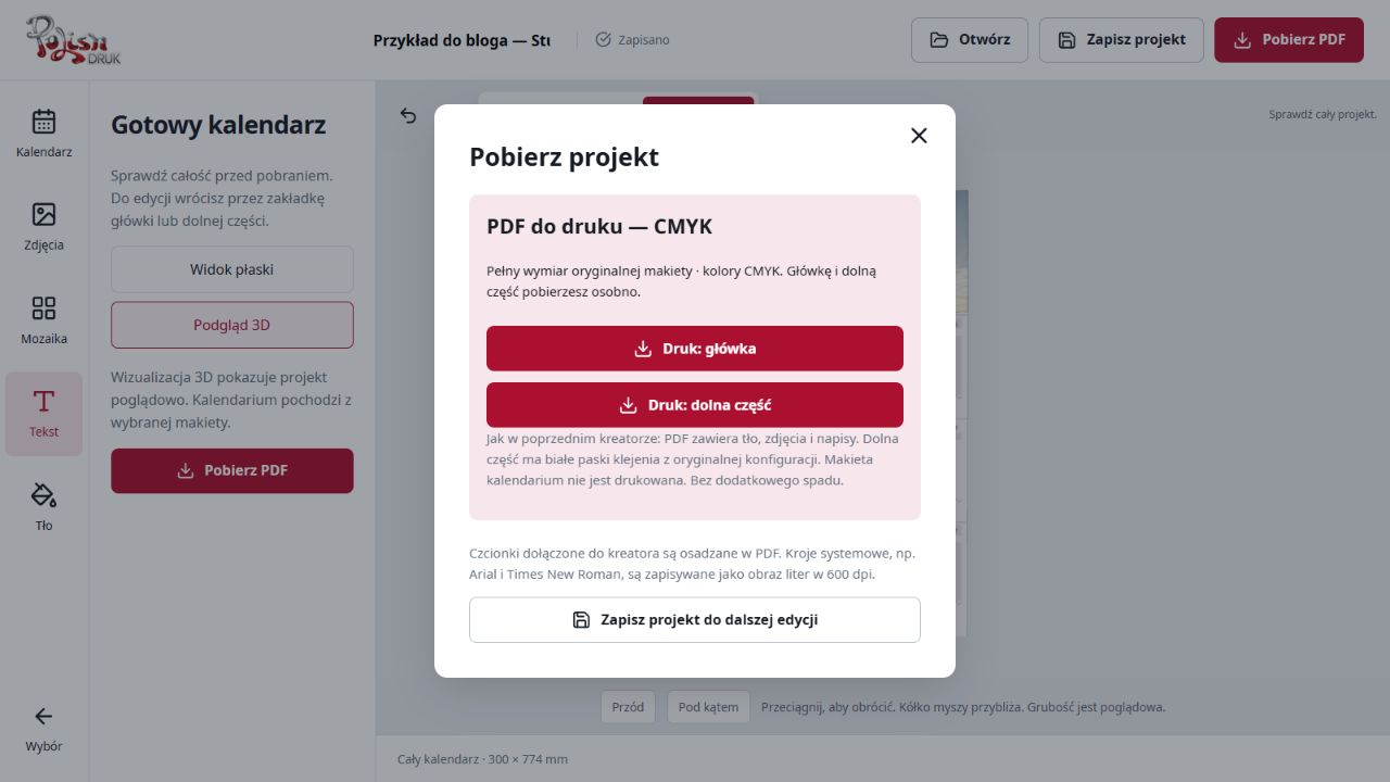 Okno pobierania osobnych plików PDF główki i dolnej części kalendarza